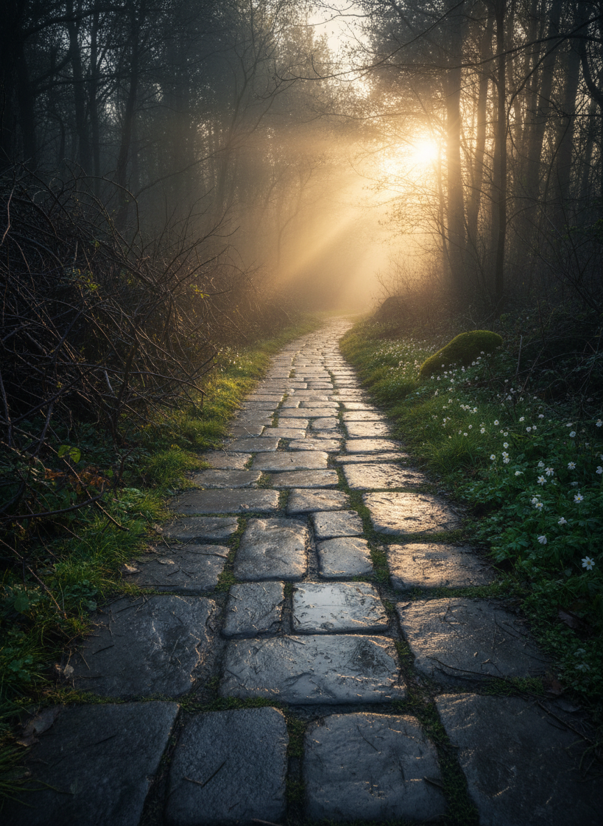 A weathered stone path emerging from deep shadow into radiant light, the rough gray slabs slick with recent rain and glistening like mirrors. On one side, tangled dark brambles press close, their thorny silhouettes sharp and chaotic. Ahead, the path opens into a sunlit clearing, where golden light pours through a break in dense forest, illuminating soft moss and scattered white wildflowers. Photographic realism, captured at eye level with a gentle leading-line composition. Early morning beams create long, thoughtful shadows and a hopeful glow at the horizon, evoking a contemplative, professional mood about leaving darkness for truth and clarity.