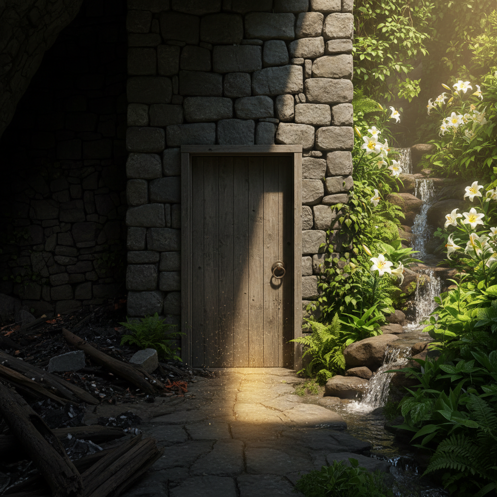 A simple wooden doorway set into a rough stone wall, with the space beyond divided sharply: on the left, deep shadow with charred, cracked stone and scattered blackened debris; on the right, a sunlit garden overflowing with lush greenery, white lilies, and gentle streams of water. The threshold is marked by a narrow band of light falling across the floor, dust motes suspended in the glow. Photographic realism, lit with strong, directional afternoon sunlight from the right, creating vivid contrast between darkness and light. Framed in a centered, symmetrical composition that highlights the choice between destruction and renewal, mystery and grace.