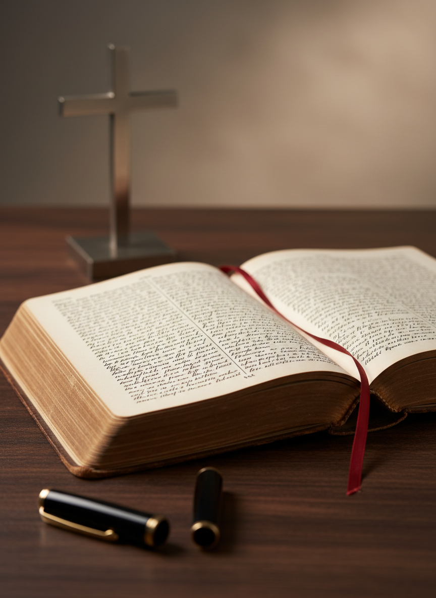 An open, well-worn leather-bound book resting on a dark wooden table, its cream pages filled with fine, dense text and a single thin ribbon bookmark. To the left lies a black-and-gold fountain pen, and in the background, a simple metal cross stands upright, slightly out of focus. Soft, warm lamplight from the right side casts gentle highlights along the page edges and subtle shadows across the grain of the wood. Photographic realism with a shallow depth of field and a calm, reflective mood, emphasizing quiet study, faith, and the search for truth in a clean, professional composition.